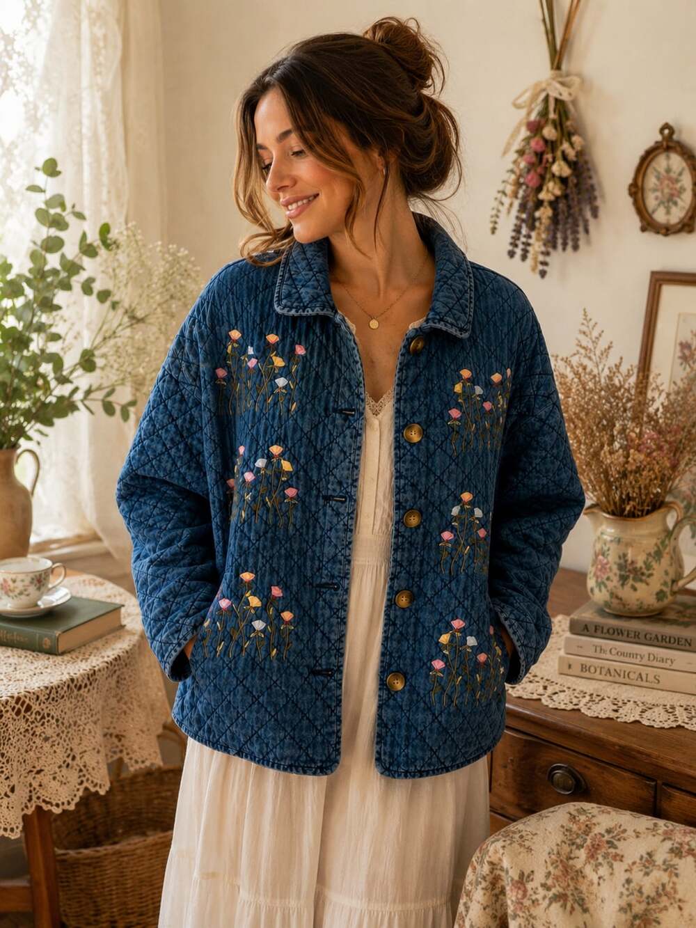 Vintage Karen Hart Quilted Floral Embroidered Jacket Cottagecore Blue L